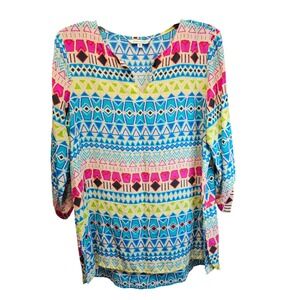 John + Mark Womens 100% Silk Geometric Tribal Print Tunic Blouse Multicolor M